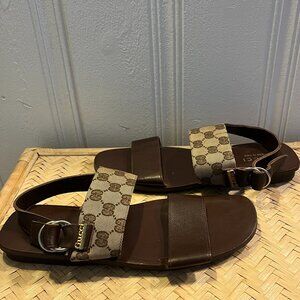 Gucci Mens Monogram Milano Brown Leather Strap Roman Sandals Vuitton YSL 10